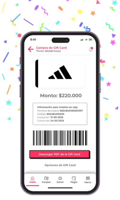 Gift card ya canjeada, con su código listo para usar en caja