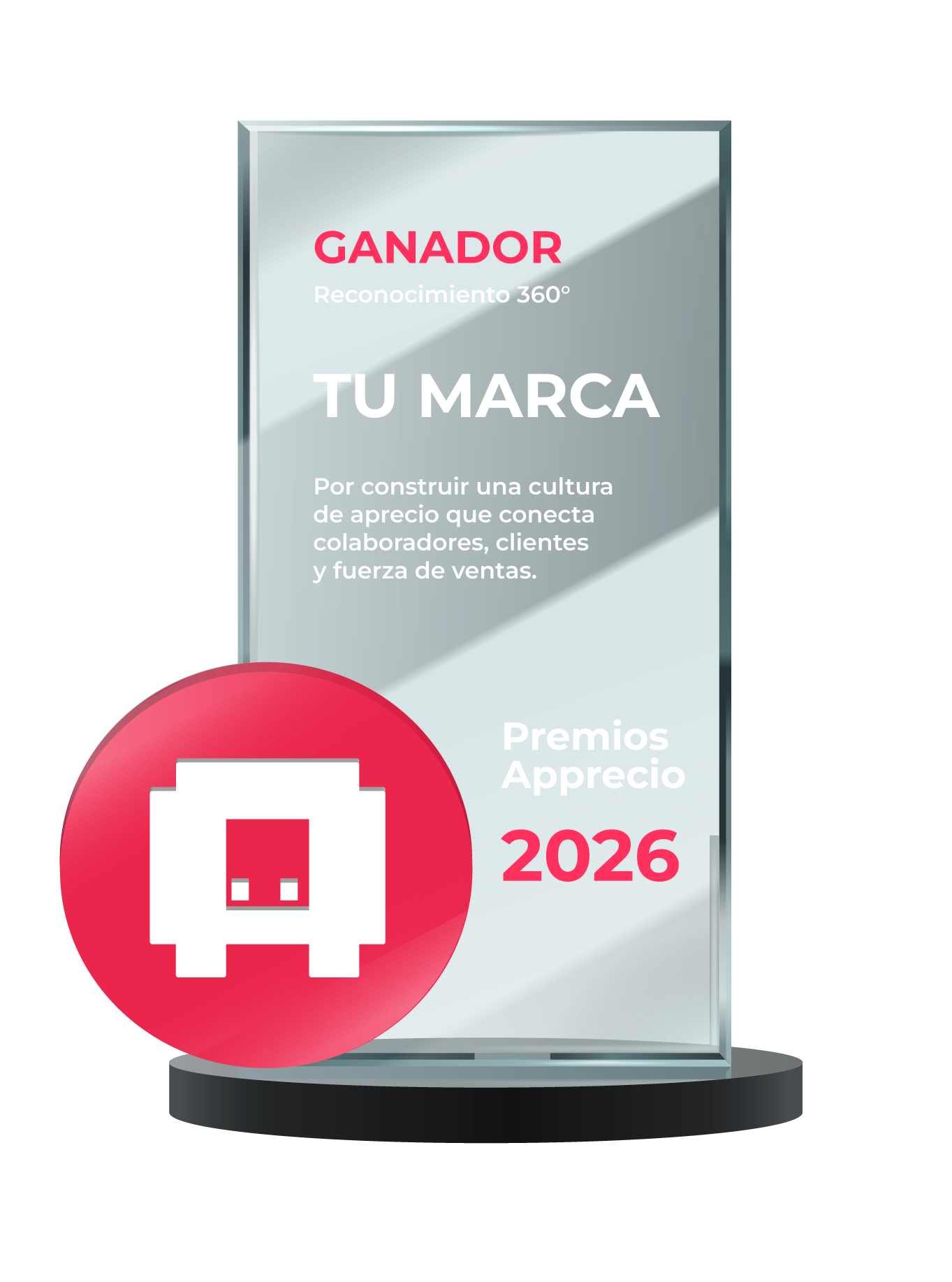 Trofeo Premios Apprecio 2026 con la inscripción Tu Marca